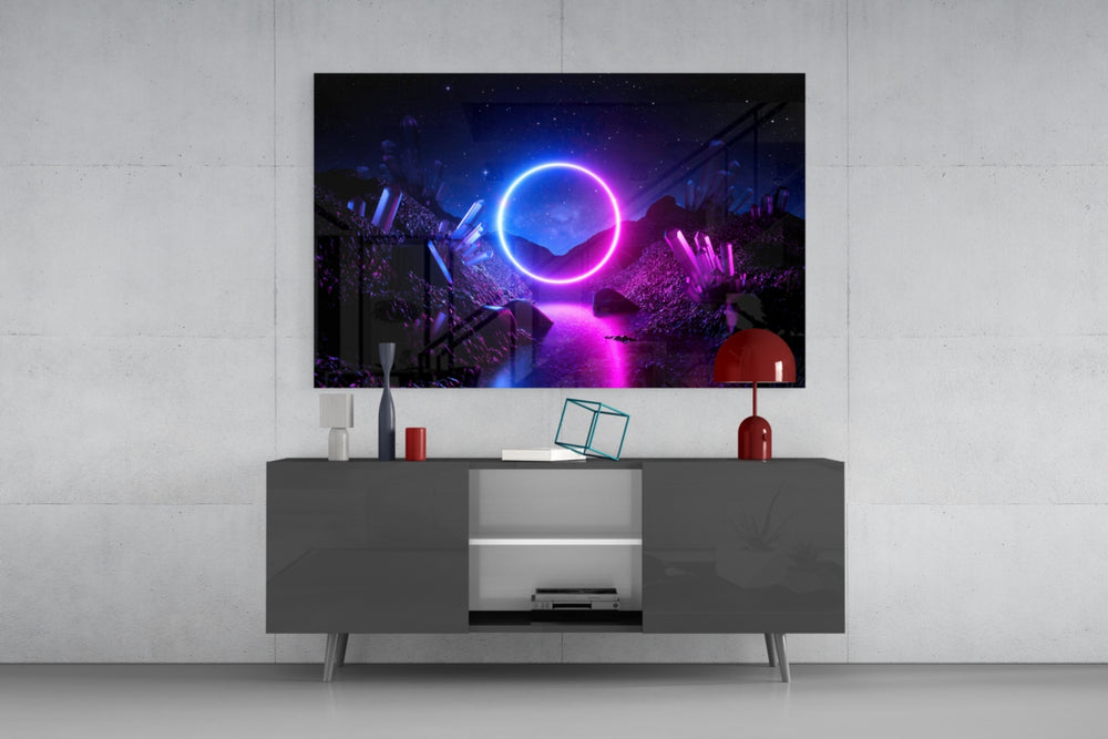 Abstract Art glass wall art catching light to reveal its painted neon circle