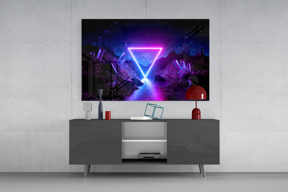 Abstract Art glass wall art catching light to reveal its painted neon triangle