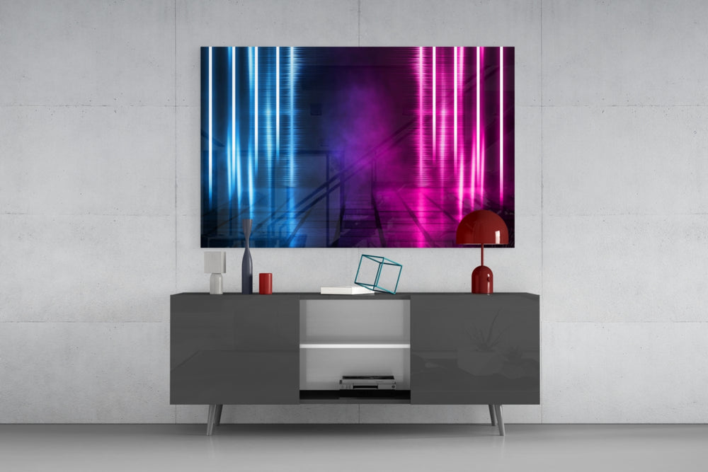 Abstract Art glass wall art catching light to reveal its painted neon corridor