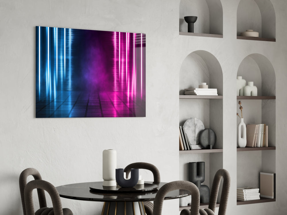 Cinematic synthwave print bringing stage edge to a home office