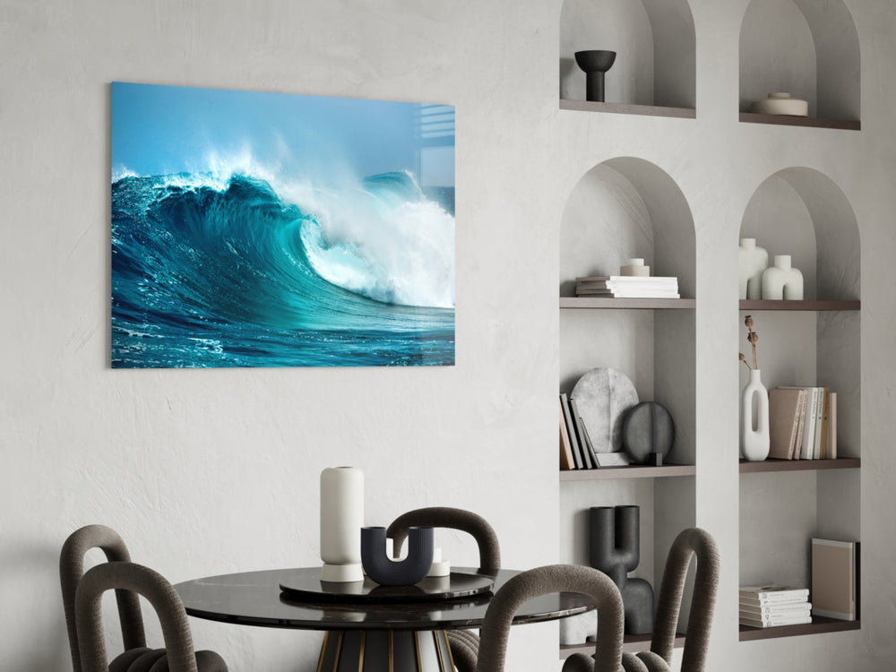Cinematic surf print bringing ocean edge to a hallway