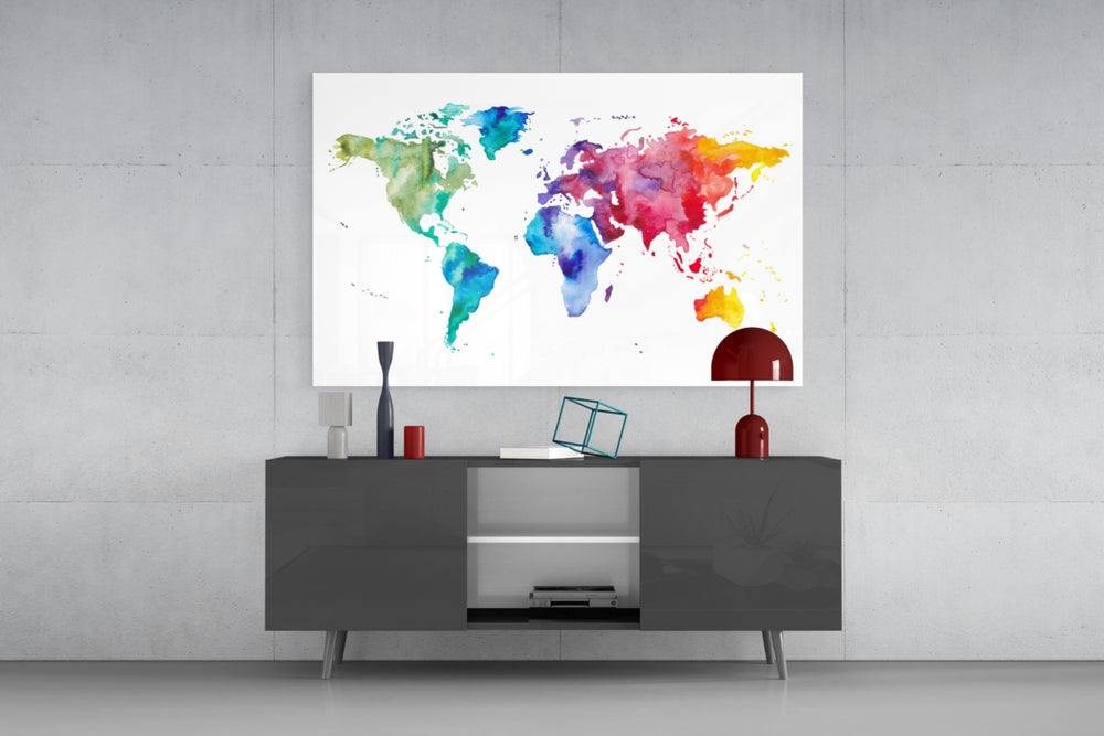 World Map glass wall art catching light to reveal its painted spectrum tones