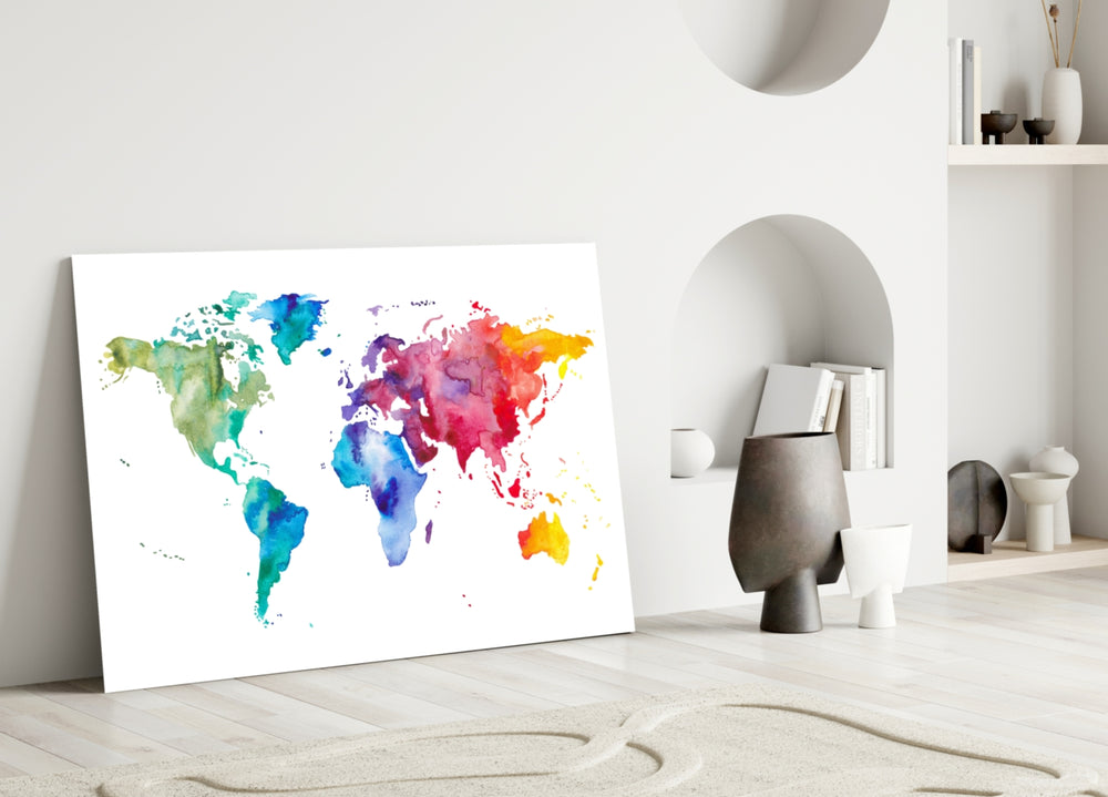 Close-up detail of rainbow watercolour continents behind glass
