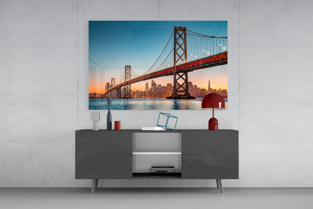 San Francisco Oakland Bay Bridge glass wall art catching light to reveal its painted twilight tones