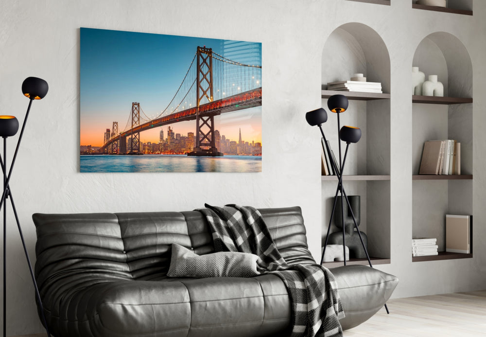 San Francisco Oakland Bay Bridge artwork styled in a study interior