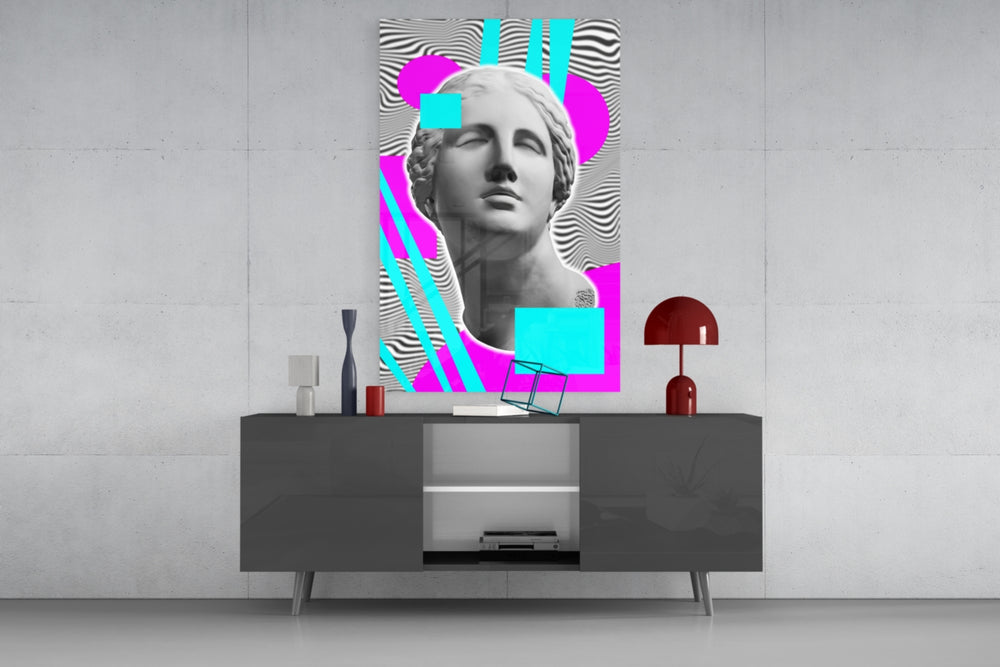Abstract Art glass wall art catching light to reveal its painted vaporwave collage