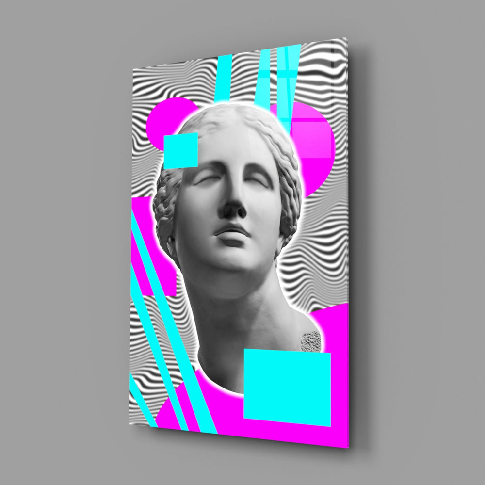Vaporwave panel anchoring a teen room wall