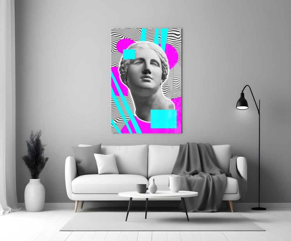 Close-up detail of Venus bust and cyan-magenta geometry behind glass