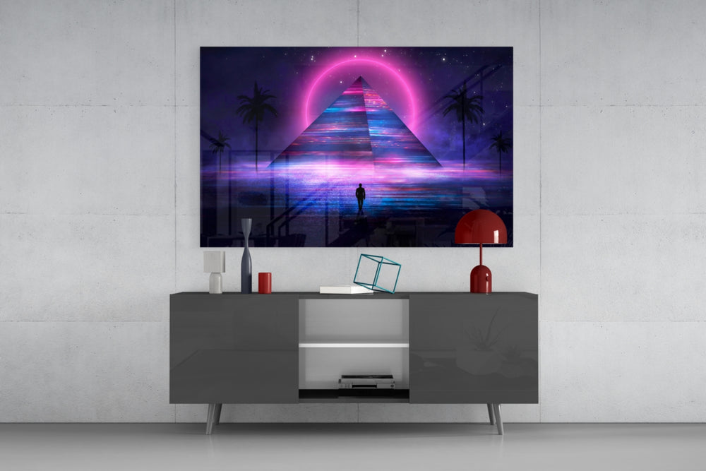 Abstract Art glass wall art catching light to reveal its painted synthwave pyramid