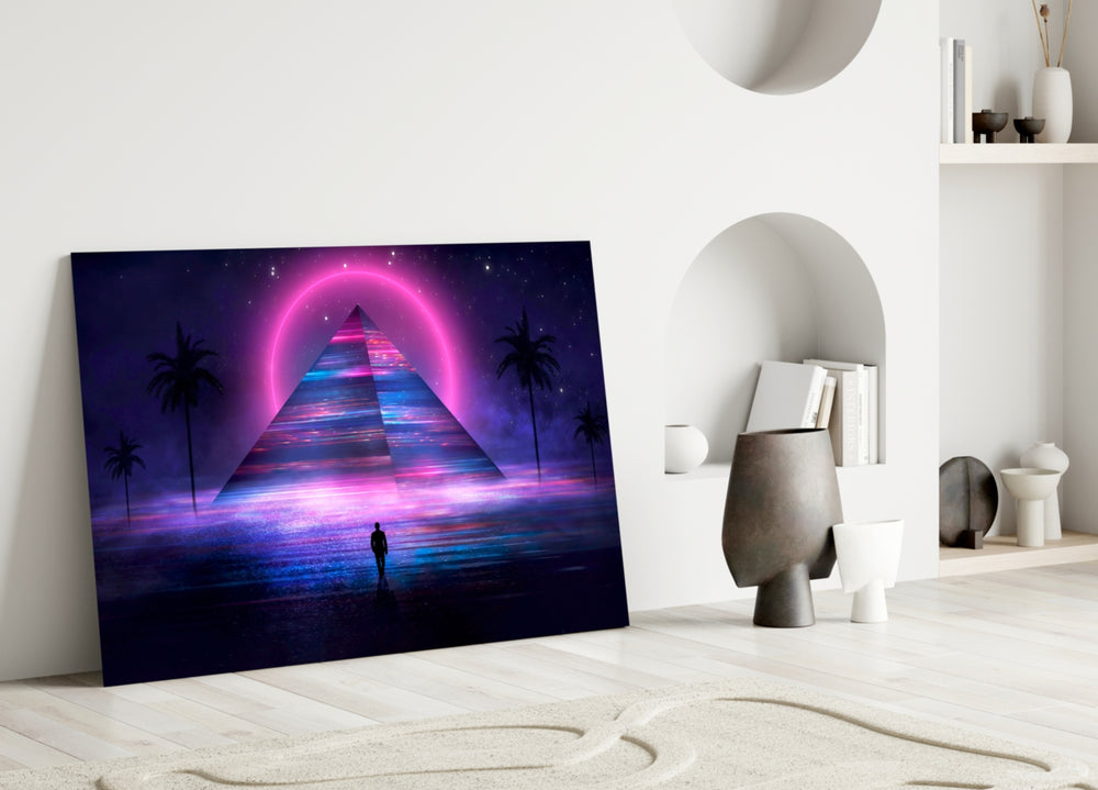 Close-up detail of striped synthwave pyramid behind glass