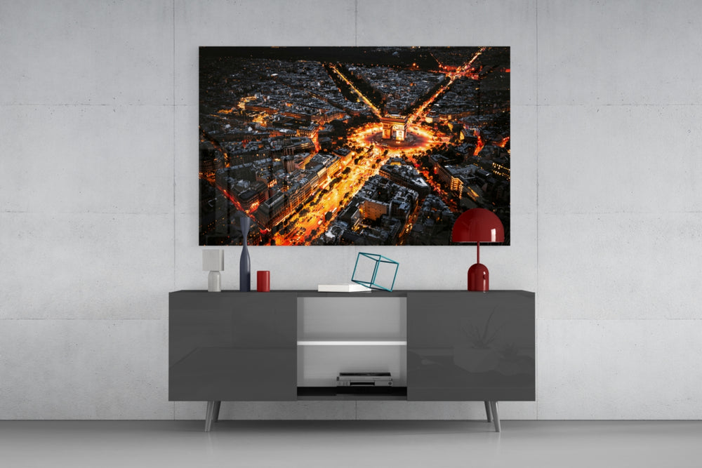 France Night Cityscape glass wall art catching light to reveal its painted Étoile tones