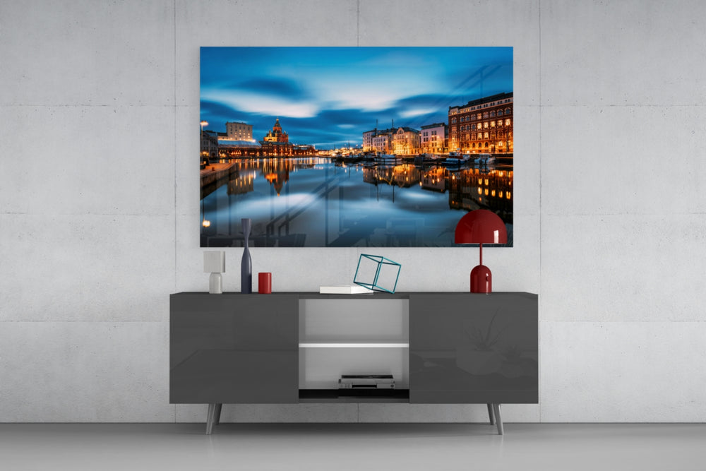 Helsinki Finland glass wall art catching light to reveal its painted blue-hour tones