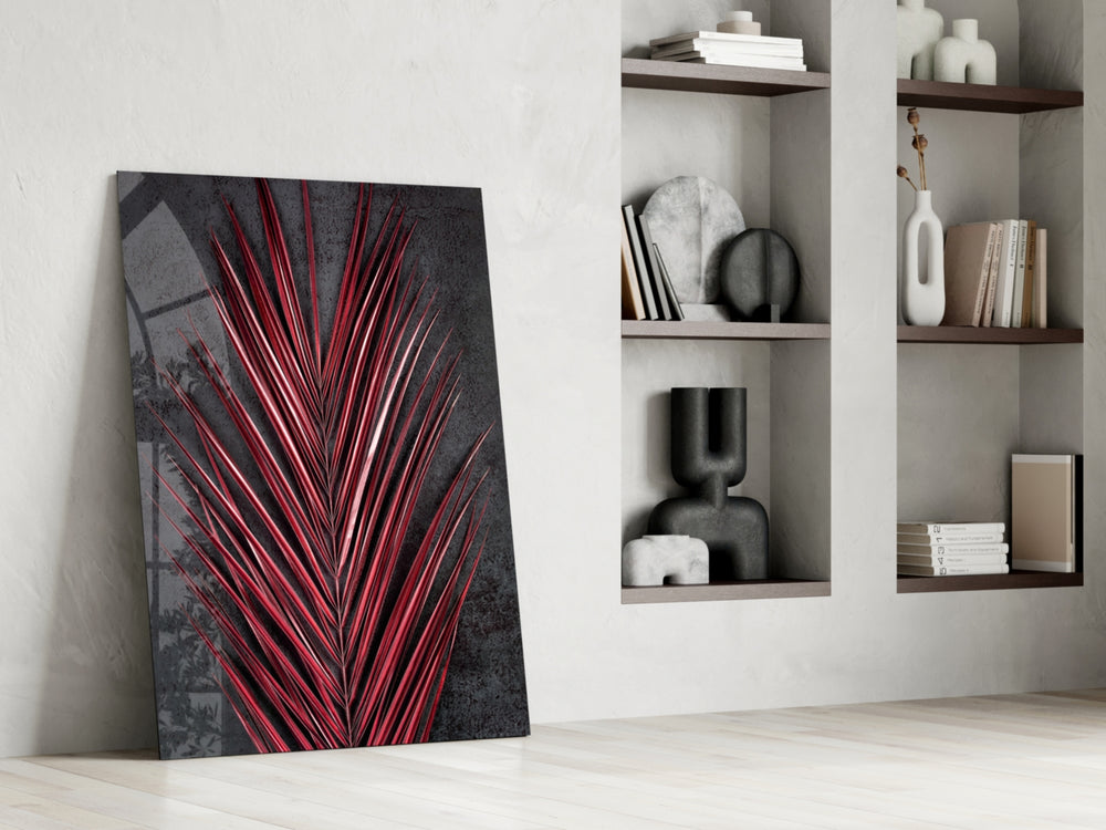 Botanical dikey panel against a charcoal-painted accent wall