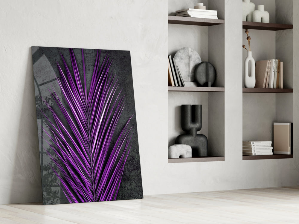 Botanical dikey panel against a charcoal-painted accent wall