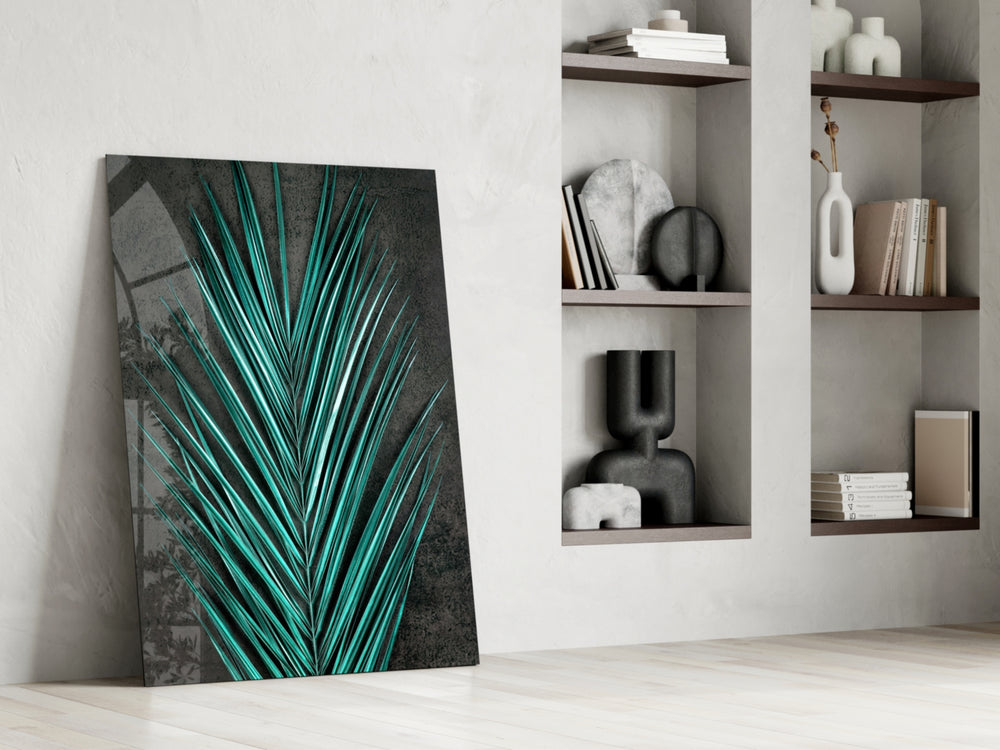 Botanical dikey panel against a charcoal-painted accent wall