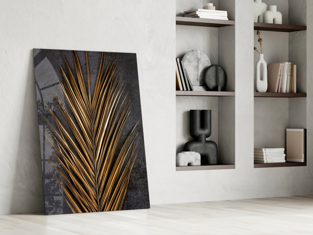 Botanical dikey panel against a charcoal-painted accent wall