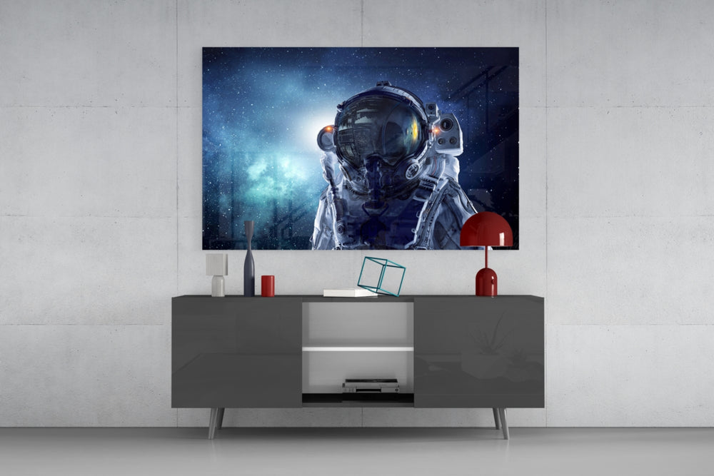 Astronaut In Space glass wall art catching light to reveal its painted gold visor