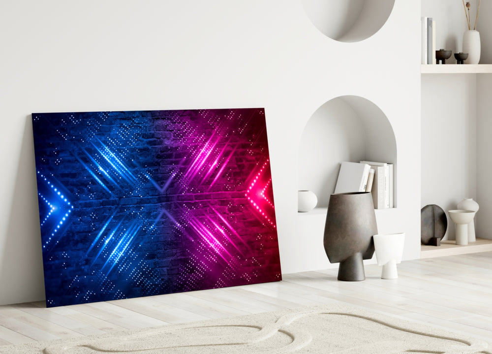 Close-up detail of cobalt and magenta neon chevrons behind glass