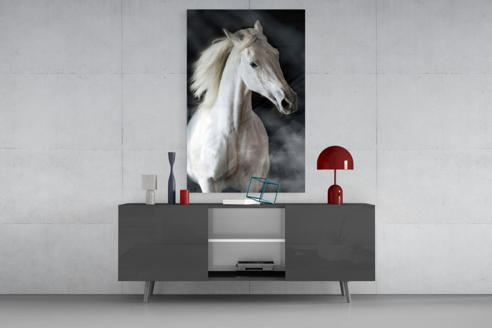 Horse glass wall art catching light to reveal its painted ivory mane