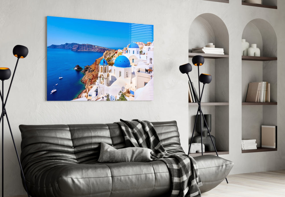 Santorini artwork styled in a study interior