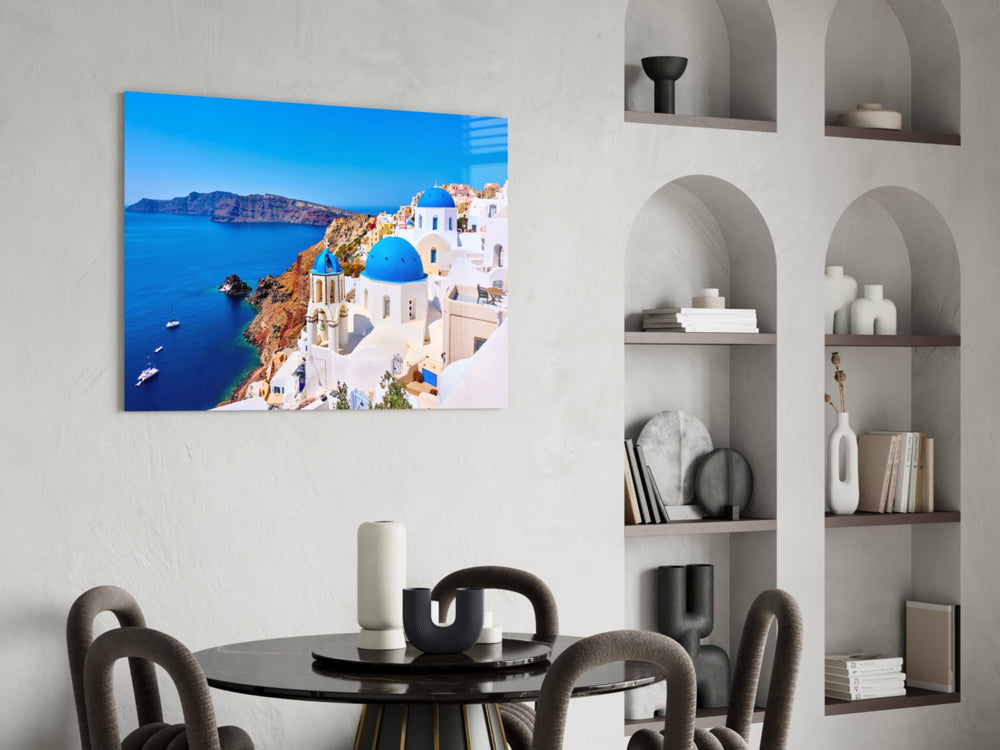 Cinematic travel print bringing Cycladic edge to a hallway