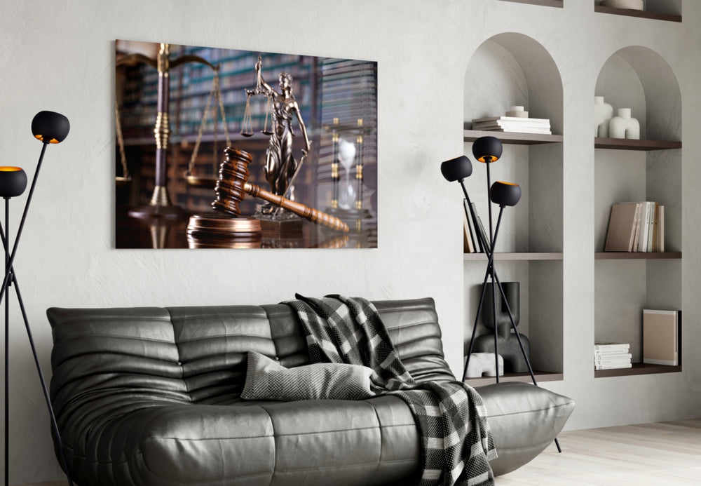 Gavel Of Justice artwork styled in a courthouse waiting area