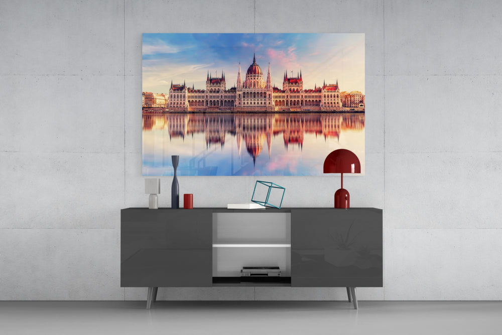 Hungarian Parliament Building glass wall art catching light to reveal its painted sunrise tones