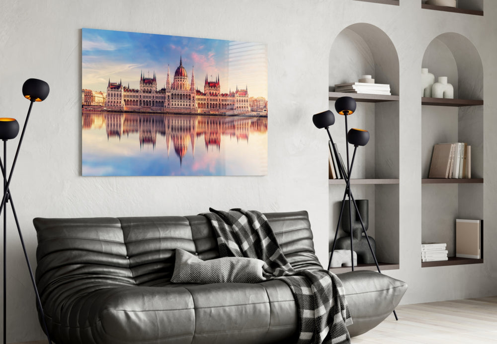 Hungarian Parliament Building artwork styled in a study interior
