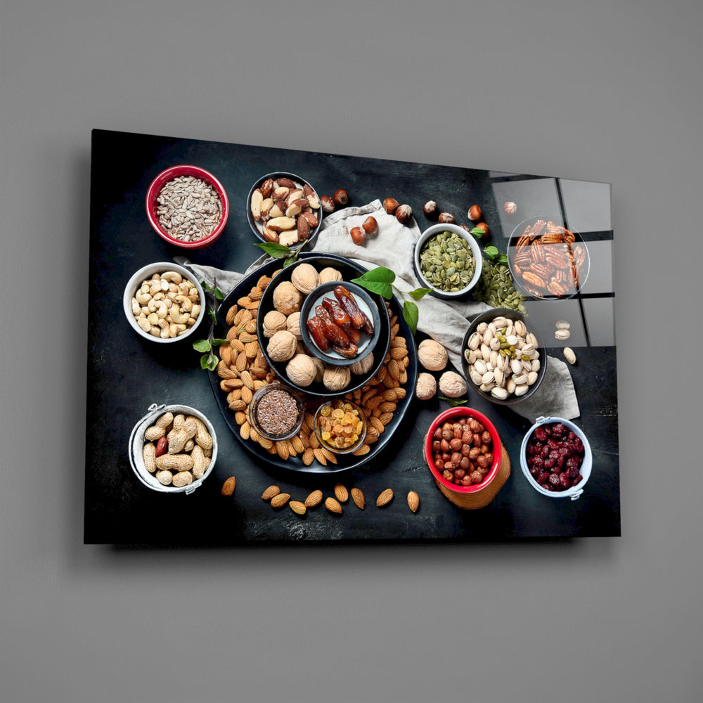Food still-life panel anchoring a dining room wall