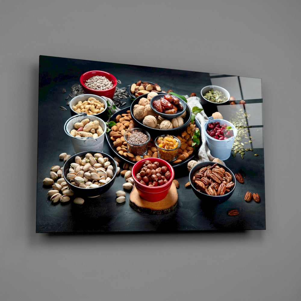 Food still-life panel anchoring a dining room wall