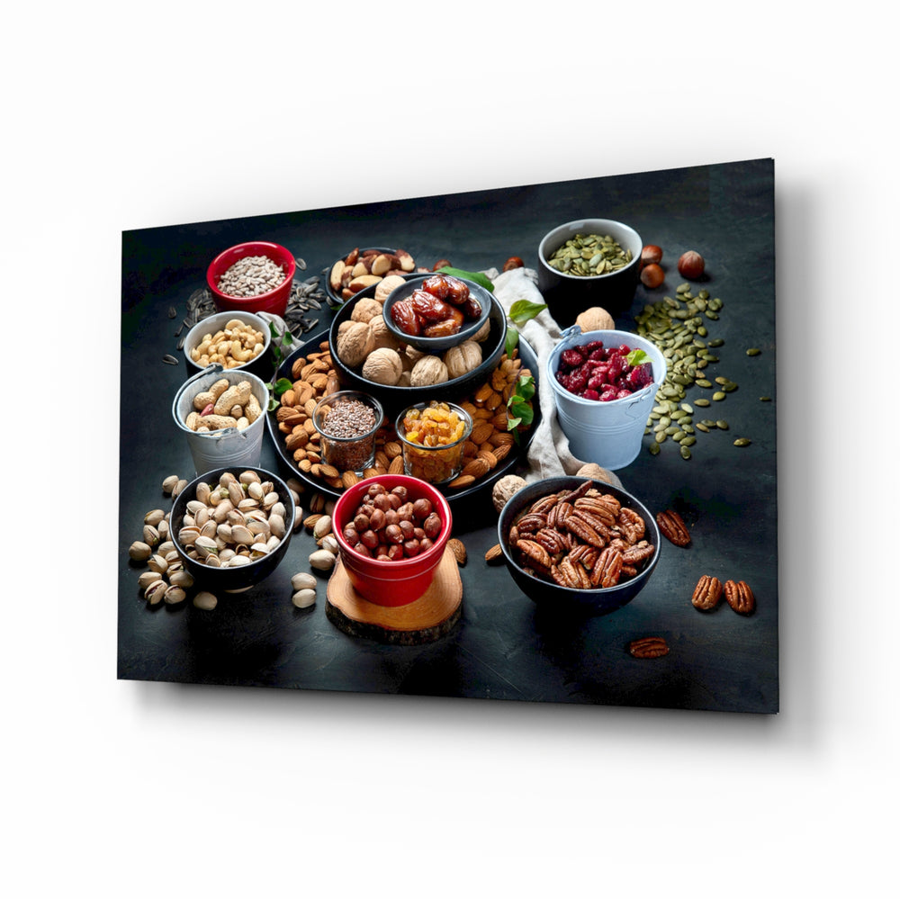Nuts glass wall art in a modern kitchen