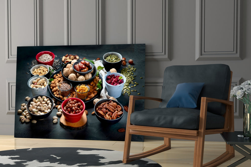 Food yatay panel against a slate-painted accent wall