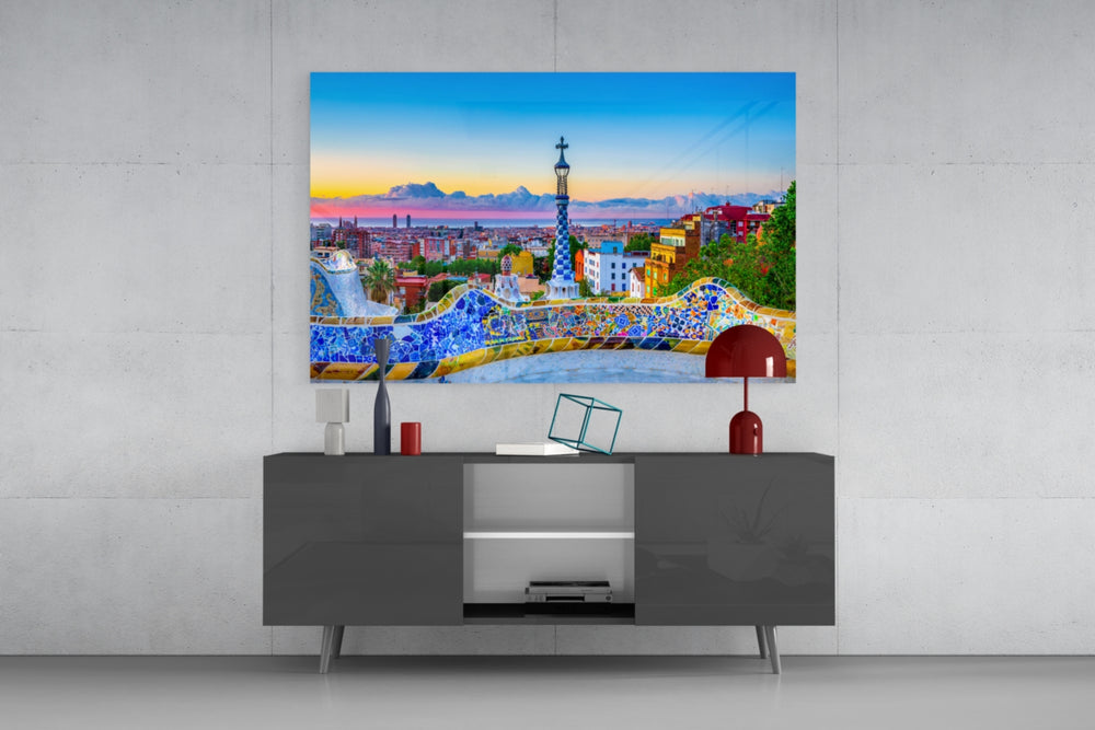 Barcelona glass wall art catching light to reveal its painted mosaic tones