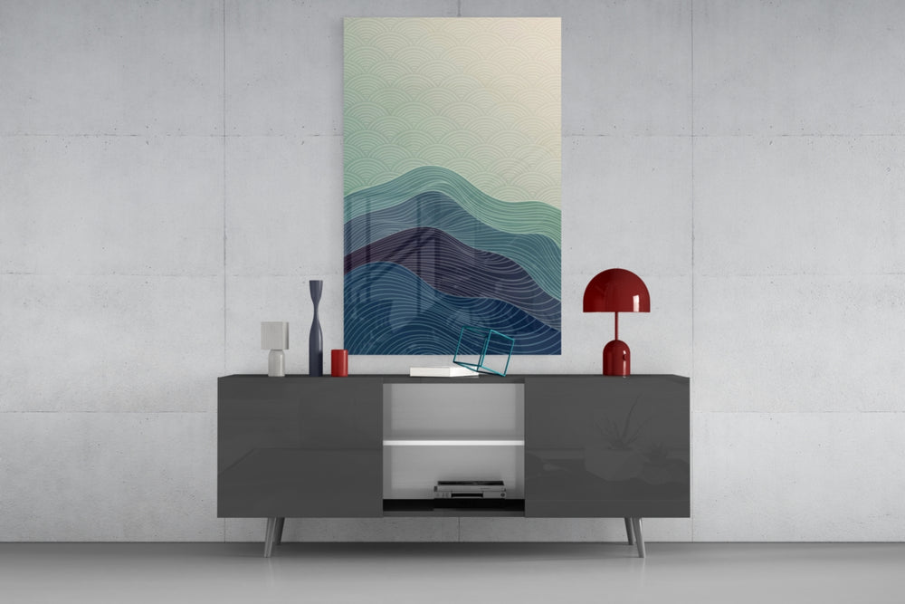 Abstract Art glass wall art catching light to reveal its painted seigaiha waves