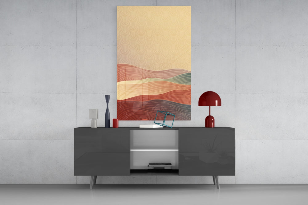 Abstract Art glass wall art catching light to reveal its painted seigaiha desert