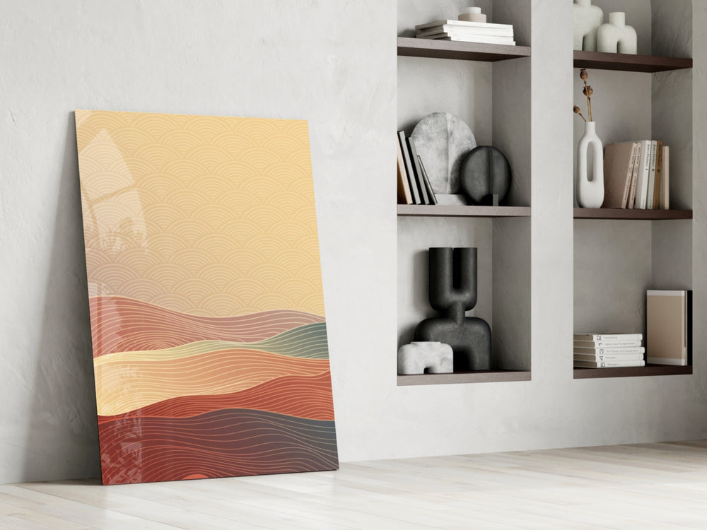 Abstract dikey panel against a terracotta-painted accent wall