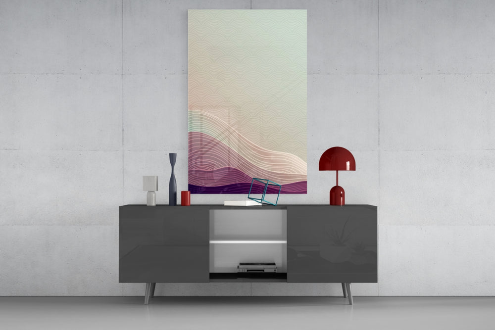 Abstract Art glass wall art catching light to reveal its painted seigaiha dusk
