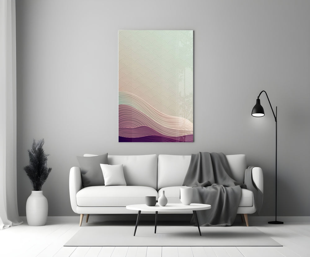 Close-up detail of peach seigaiha sky and mauve waves behind glass