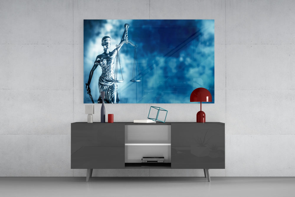 Landscape Of Justice glass wall art catching light to reveal its painted cobalt smoke