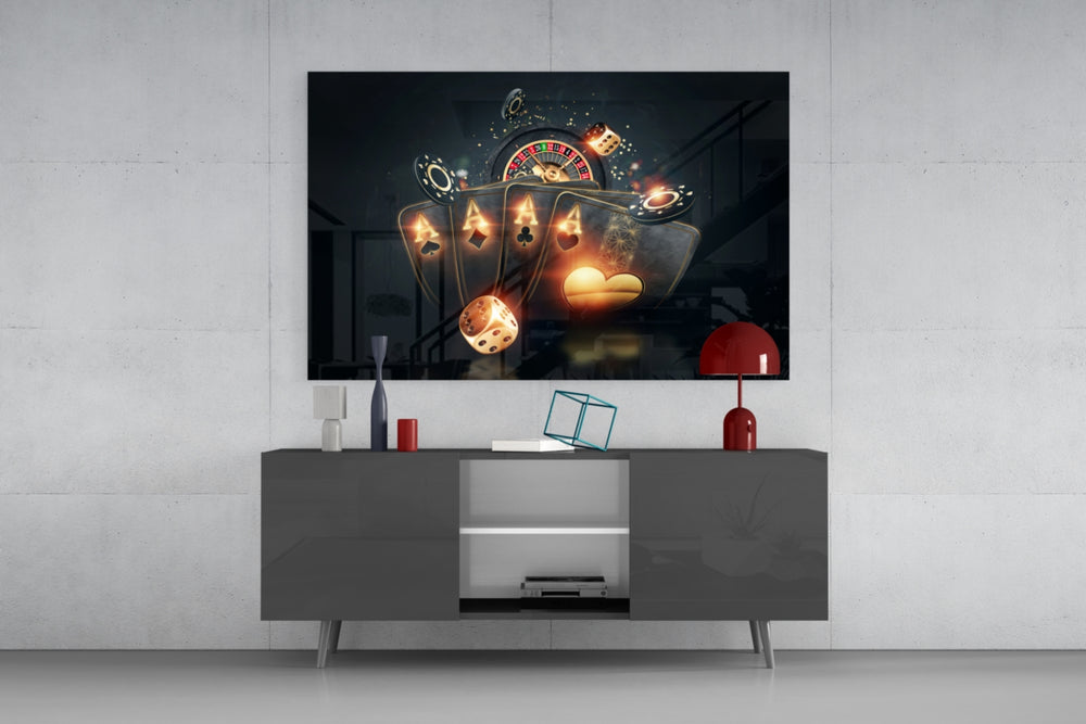 Gambler's Guns glass wall art catching light to reveal its painted gold tones