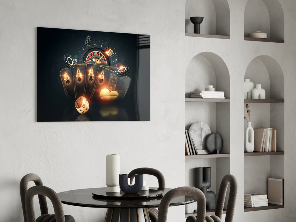 Cinematic casino print bringing luxe edge to a basement bar