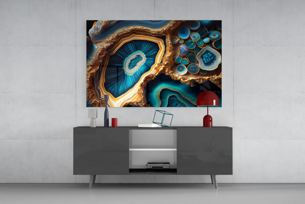 Abstract Art glass wall art catching light to reveal its painted geode