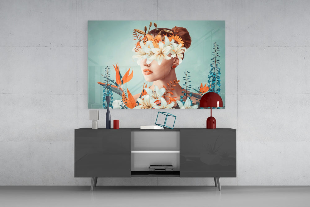 Woman Abstract Art glass wall art catching light to reveal its painted floral tones