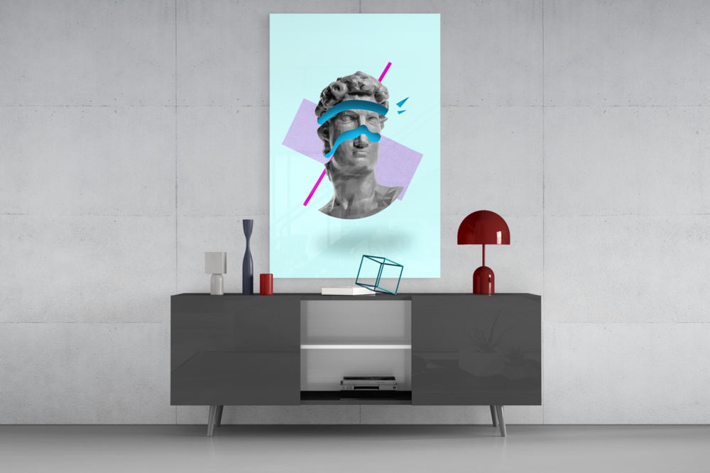 Abstract Art glass wall art catching light to reveal its painted vaporwave collage