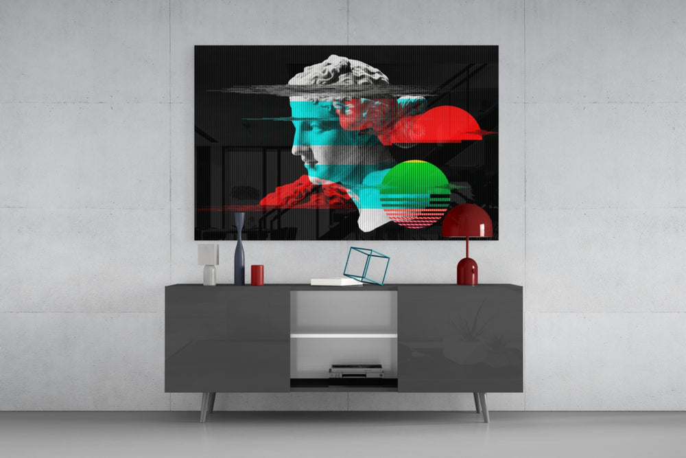 Abstract Art glass wall art catching light to reveal its painted scanline collage