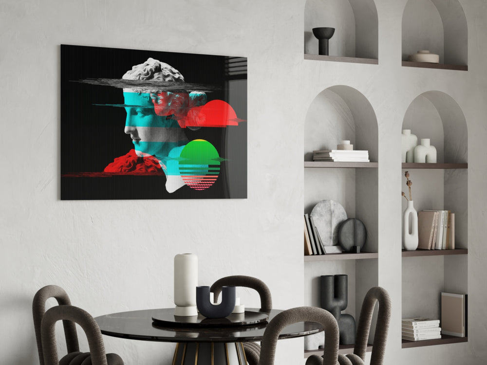 Cinematic pop-classical print bringing vaporwave edge to a bedroom