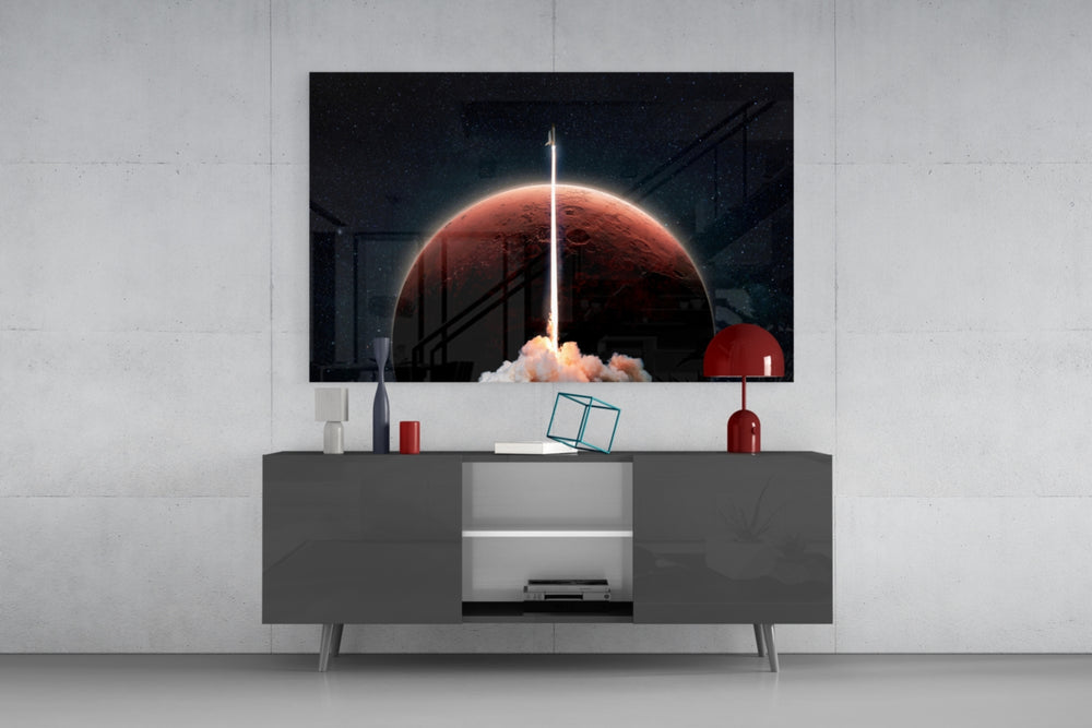 Journey To Space glass wall art catching light to reveal its painted rust Mars
