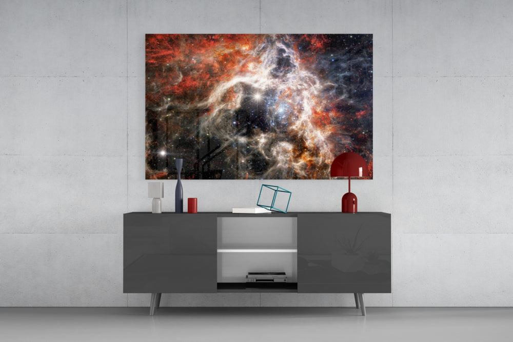Space Purple glass wall art catching light to reveal its painted nebula tones