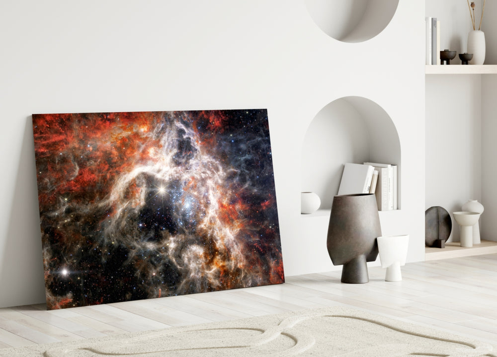 Close-up detail of Tarantula Nebula dust tendrils behind glass