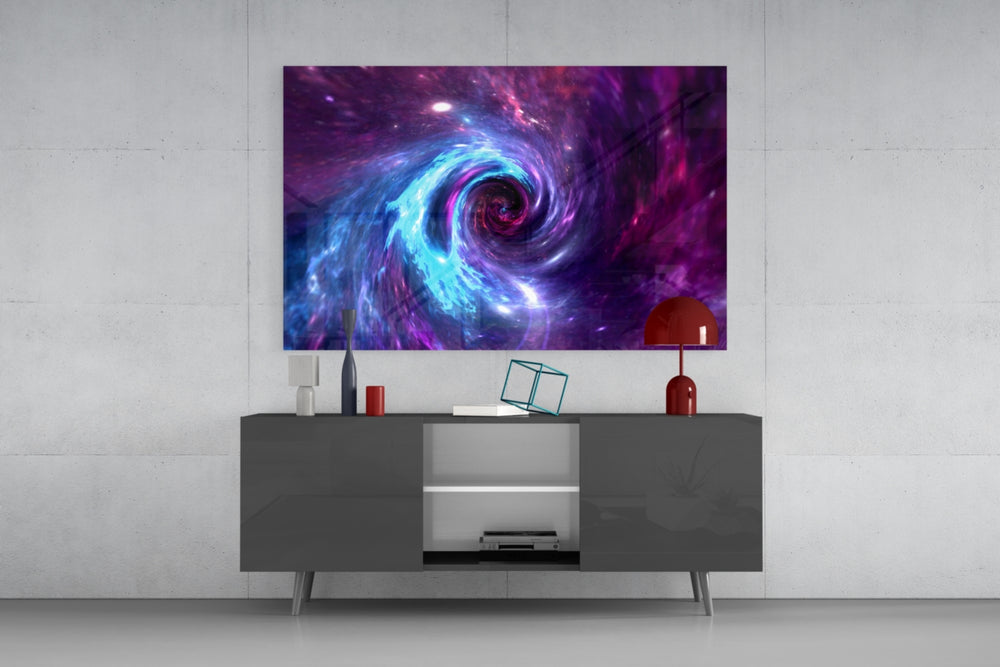 Space Helix glass wall art catching light to reveal its painted helix